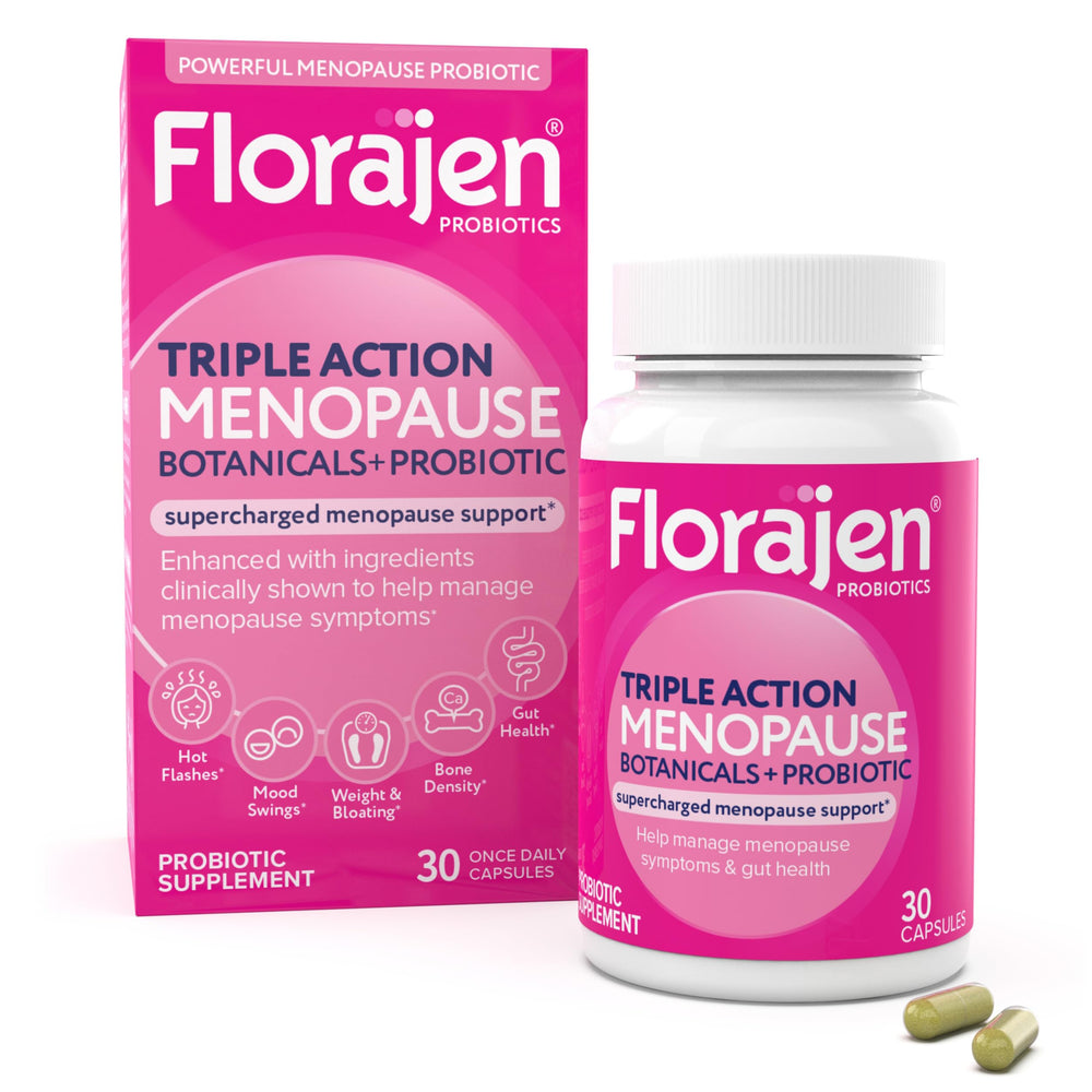 Florajen Triple-Action bottle closeup highlighting probiotic support for digestion