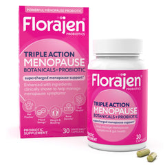Florajen Triple-Action bottle closeup highlighting probiotic support for digestion
