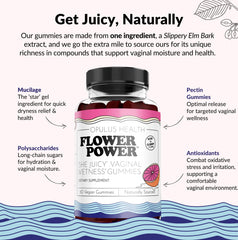 Flower Power She Juicy Gummies packaging shown as a discreet, vegan moisture support option.
