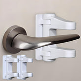 Flyaway door lever lock demonstrates inside-outside setup for flexible childproofing and caregiver access