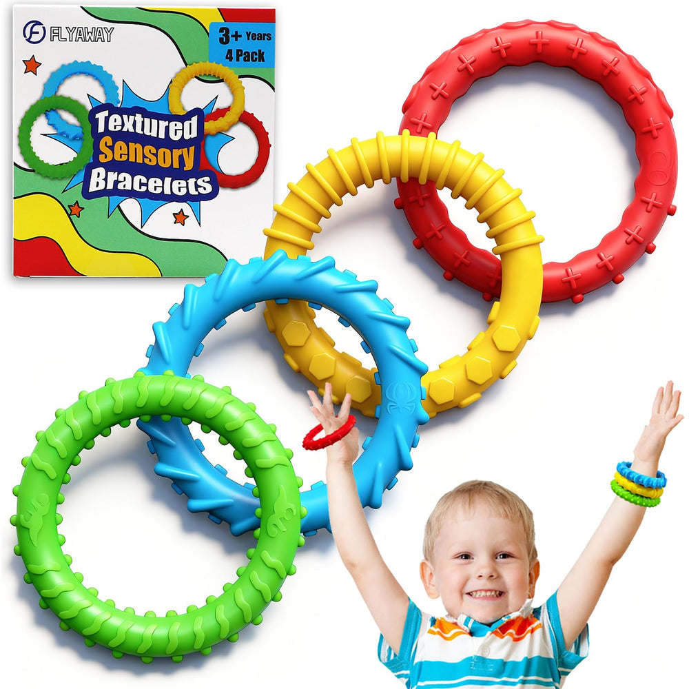 Flyaway fidget bracelet 4-pack colors: soothing sensory tool for focus and calm.