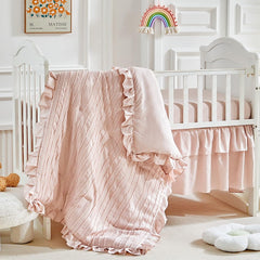 Flysheep 3-piece crib set with tufted stripes and ruffle fringe for a calming nursery.