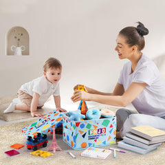 FNJO toy storage bin folded flat for space-saving travel.