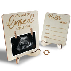 Focal20 wooden ultrasound frame front view displaying ultrasound photos for cherished memories.