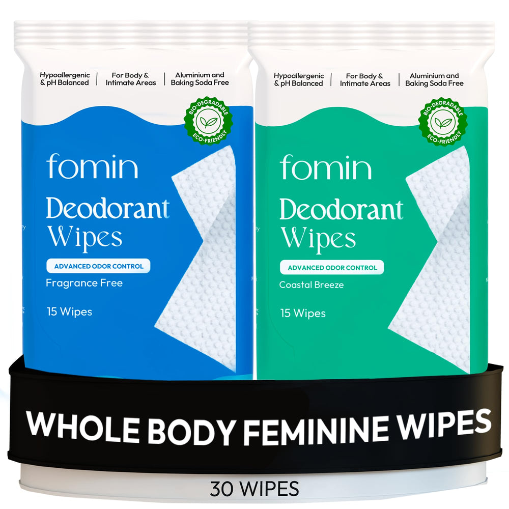 FOMIN acidified deodorant wipes for women 30-count pack, compact box