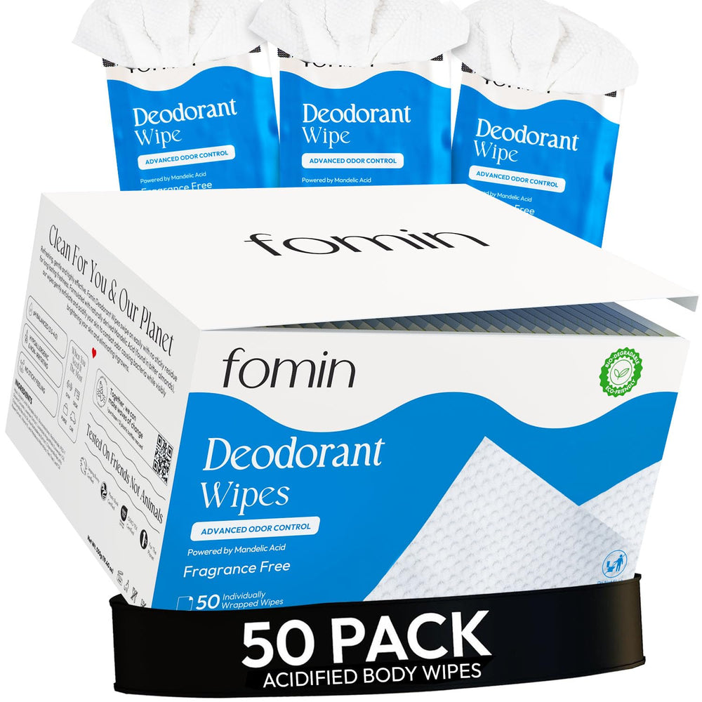 FOMIN acidified travel deodorant wipes, 50-count, compact kit for on-the-go freshness.