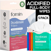 FOMIN Acidified Travel Deodorant Wipes packaging for on-the-go freshness and eco-friendly design