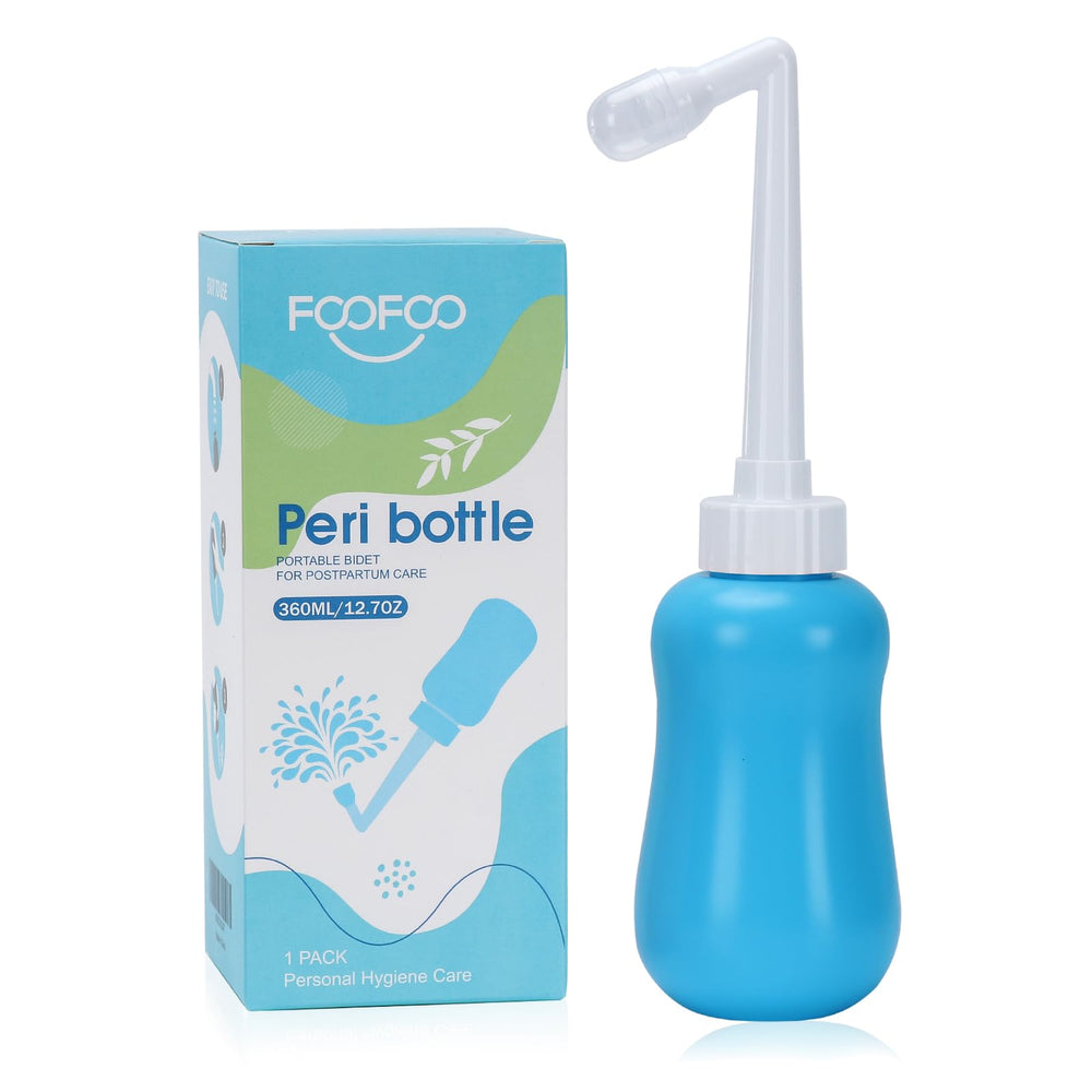 FOOFOO peri bottle with 12oz capacity in blue for comfortable postpartum cleansing.