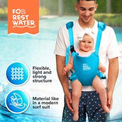 FOR REST WATER carrier shown in pool setting with toddler for water-side use