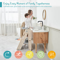 Forbena collapsible Montessori standing tower promotes independent tasks at sink.