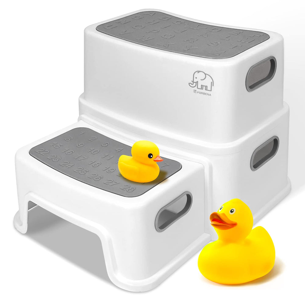 Forbena toddler step stool for bathroom sink, white-gray finish improves reach and stability.