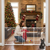 Foreng extra-wide gate in doorway with secure passage for pets and kids.