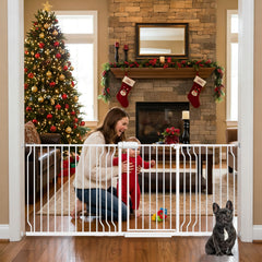 Foreng extra-wide gate in doorway with secure passage for pets and kids.