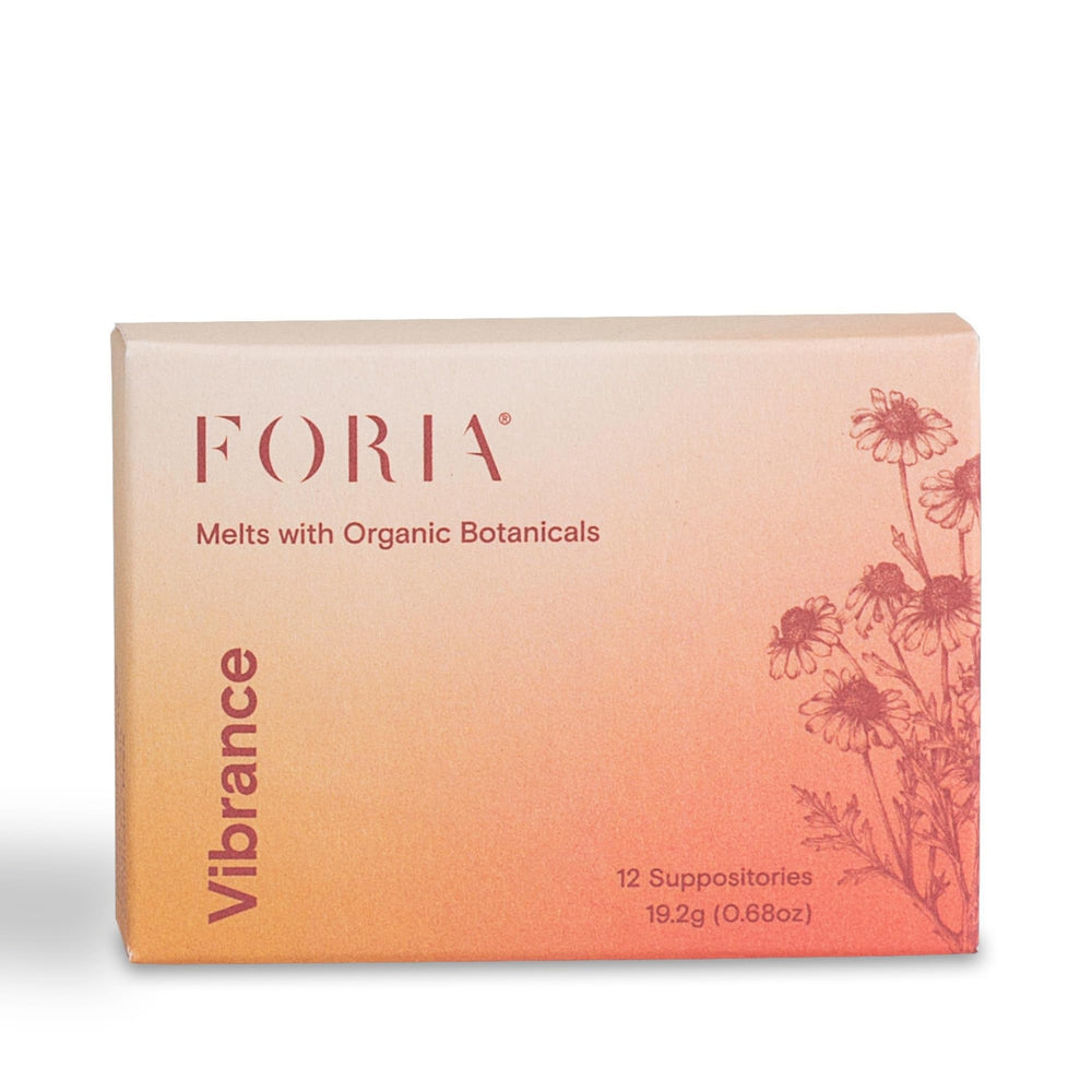 FORIA Vibrance Melts packaging shown, fragrance-free feminine care option for discreet daily use.