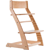 Fornel high chair, front view in natural wood, ideal for family meals.