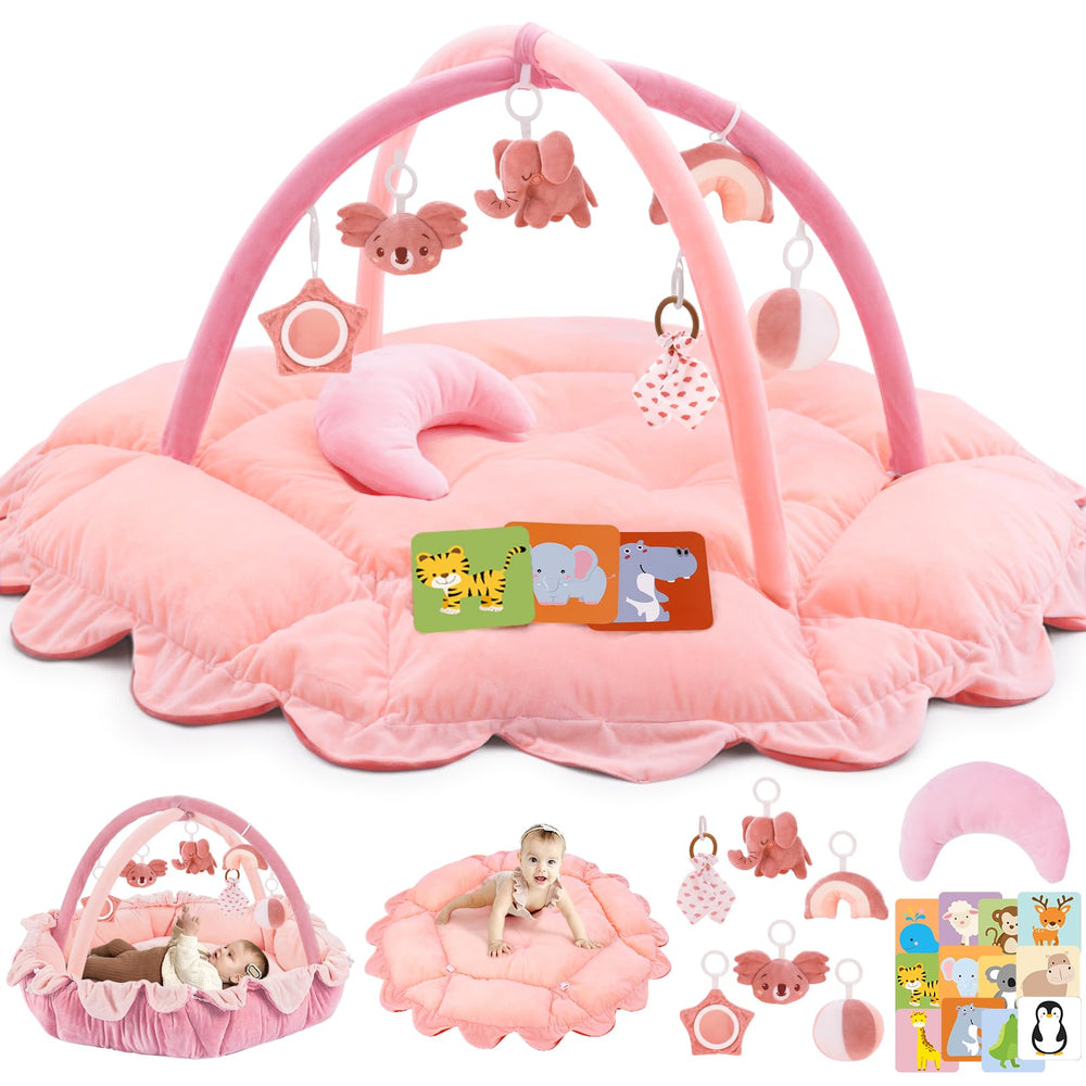 Foryoomi 5-in-1 plush baby play gym in light pink for newborns to toddlers