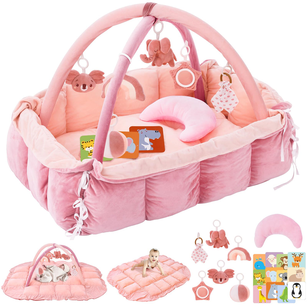 Foryoomi 5-in-1 plush baby play gym in light pink, soft all-in-one space for newborns