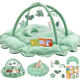 Foryoomi 5-in-1 plush baby play gym in sage green, cozy and engaging
