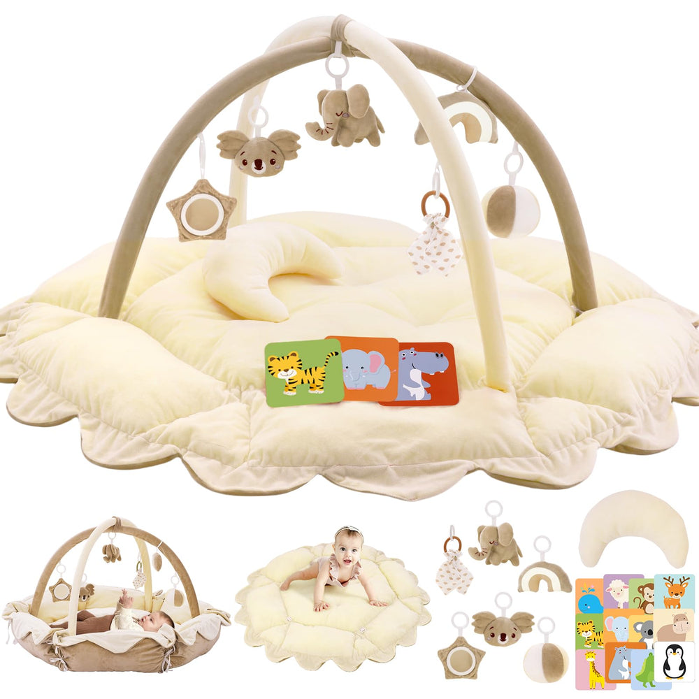 Foryoomi 5-in-1 plush baby play gym with colorful toys supports tummy-time exploration.