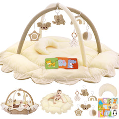 Foryoomi 5-in-1 plush baby play gym with colorful toys supports tummy-time exploration.