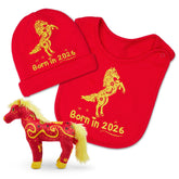 FoxE Year of the Horse embroidered bib with zodiac art, soft cotton for delicate skin.