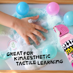 Colorful FOZZI'S foam bubbles form cotton-candy clouds for creative play.