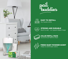 Fresh baby powder scent from Pail Buddies keeps nursery smelling clean.