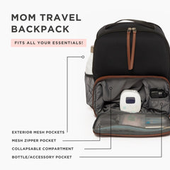 Freshly Picked breast pump backpack side pocket carries accessories for quick pumping readiness.