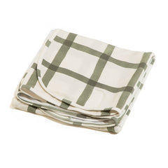 Freshly Picked swaddle blanket Sage Windowpane side view demonstrates stretch for easy swaddling