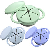 Frezonika 3-pack spill-proof snack cups with blue-green-cyan lids for mess-free travel with toddlers.