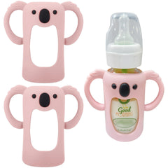 Frezonika koala sleeve on bottle side view protects Dr. Brown 4 oz from drops.