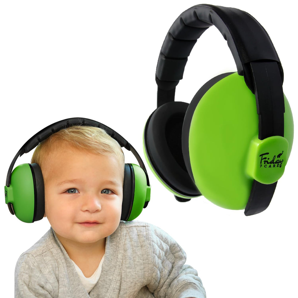 Friday 7Care baby ear protection headphones on a sleeping infant, protecting hearing during travel.