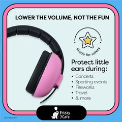Friday 7Care baby ear protection headphones pink adjustable headband for a secure fit.