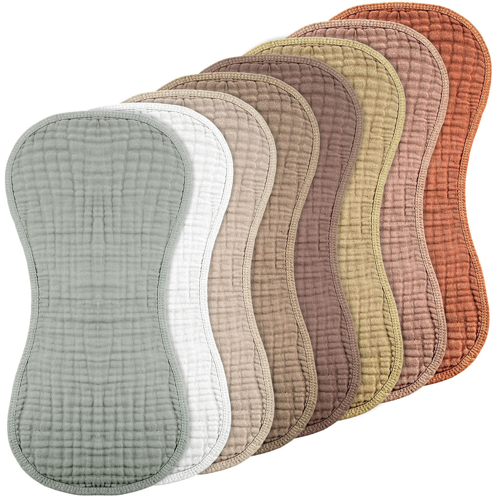 Frienda 8-piece burp cloths pack in warm colors, soft and absorbent for everyday feeding.