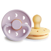 FRIGG Moon pacifier soft lilac close-up showing soothing curved nipple