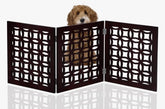 FRISKY FRIENDS Positano Mahogany pet gate assembled, freestanding tri-fold design for doorways.