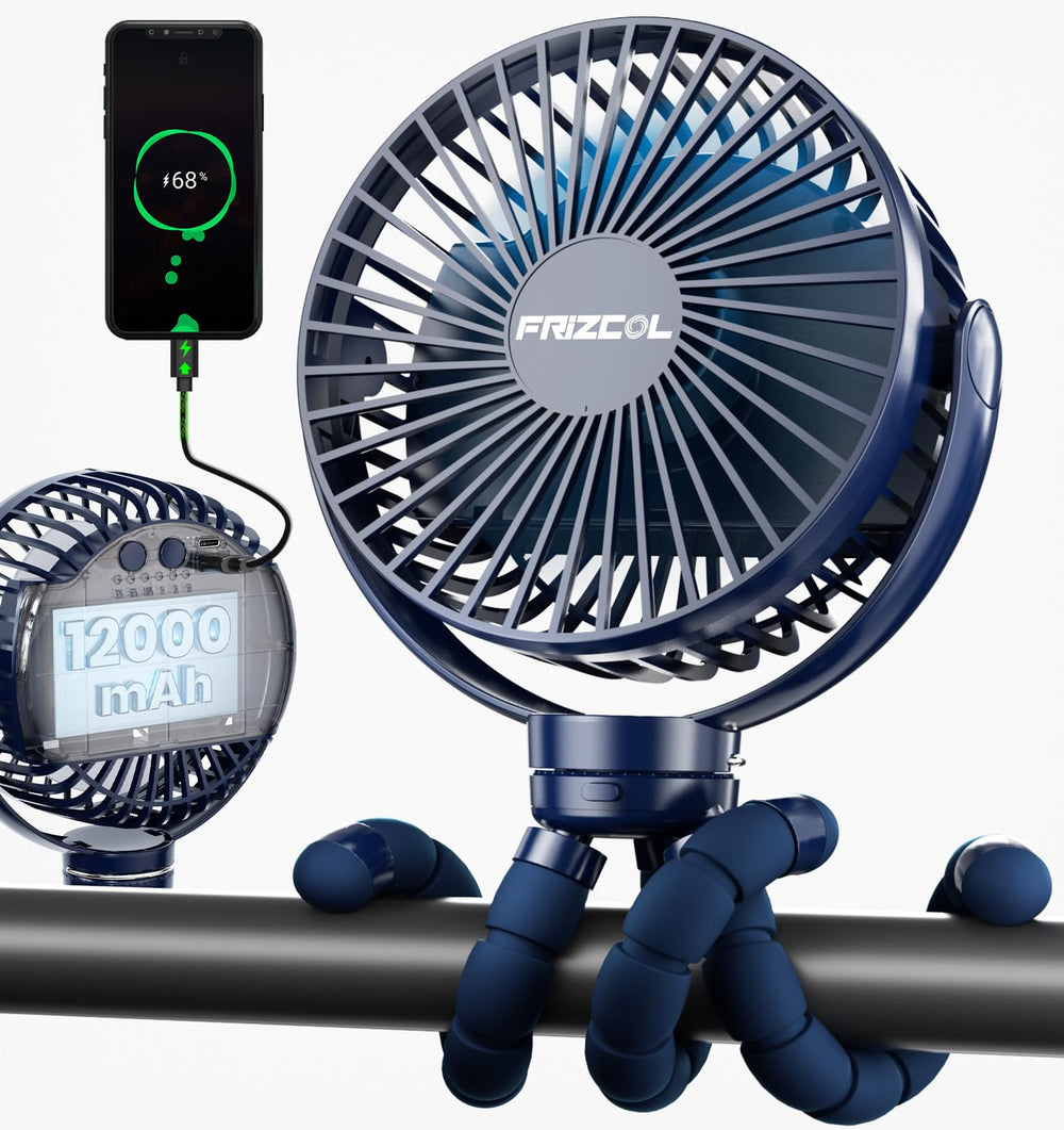 FRIZCOL stroller fan clip-on blue offers hands-free cooling on the go