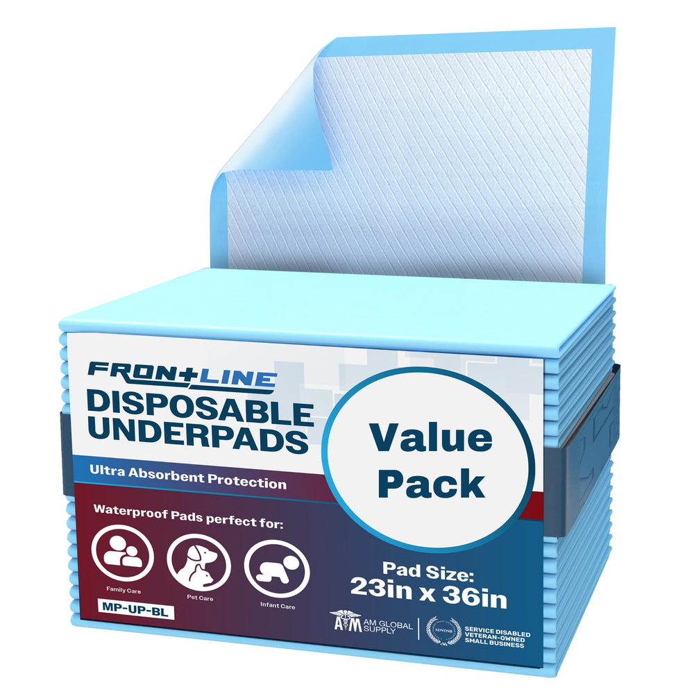 FRONTLINE underpads with absorbent core keep bedding dry overnight.