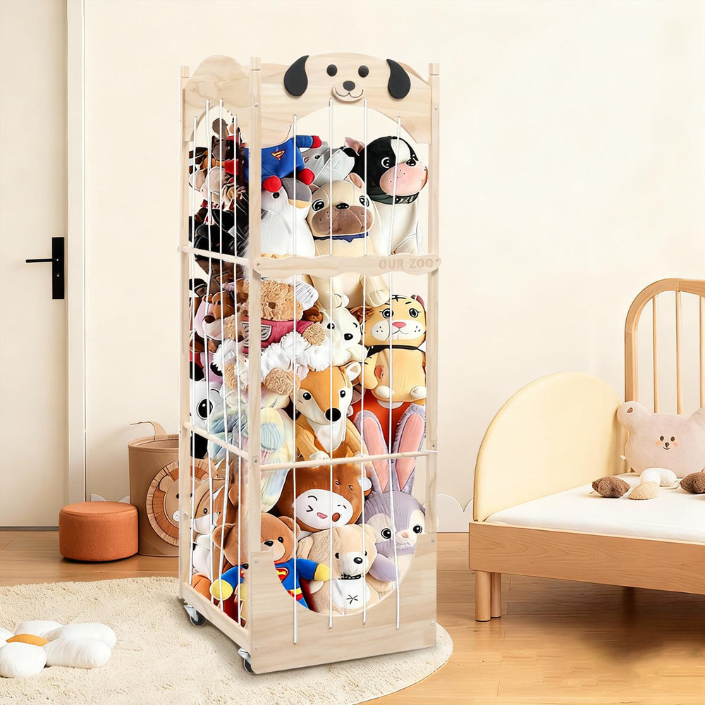 Fruaros stuffed animal storage with wooden rails in a 54-inch frame, spacious organization.