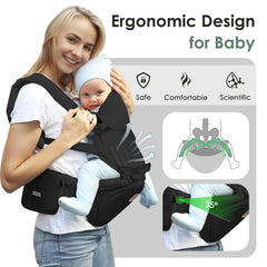 FRUITEAM baby carrier features breathable fabric for year-round comfort.