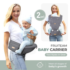 FRUITEAM baby carrier hip seat adjustable hip seat emphasizes comfortable fit across body types.