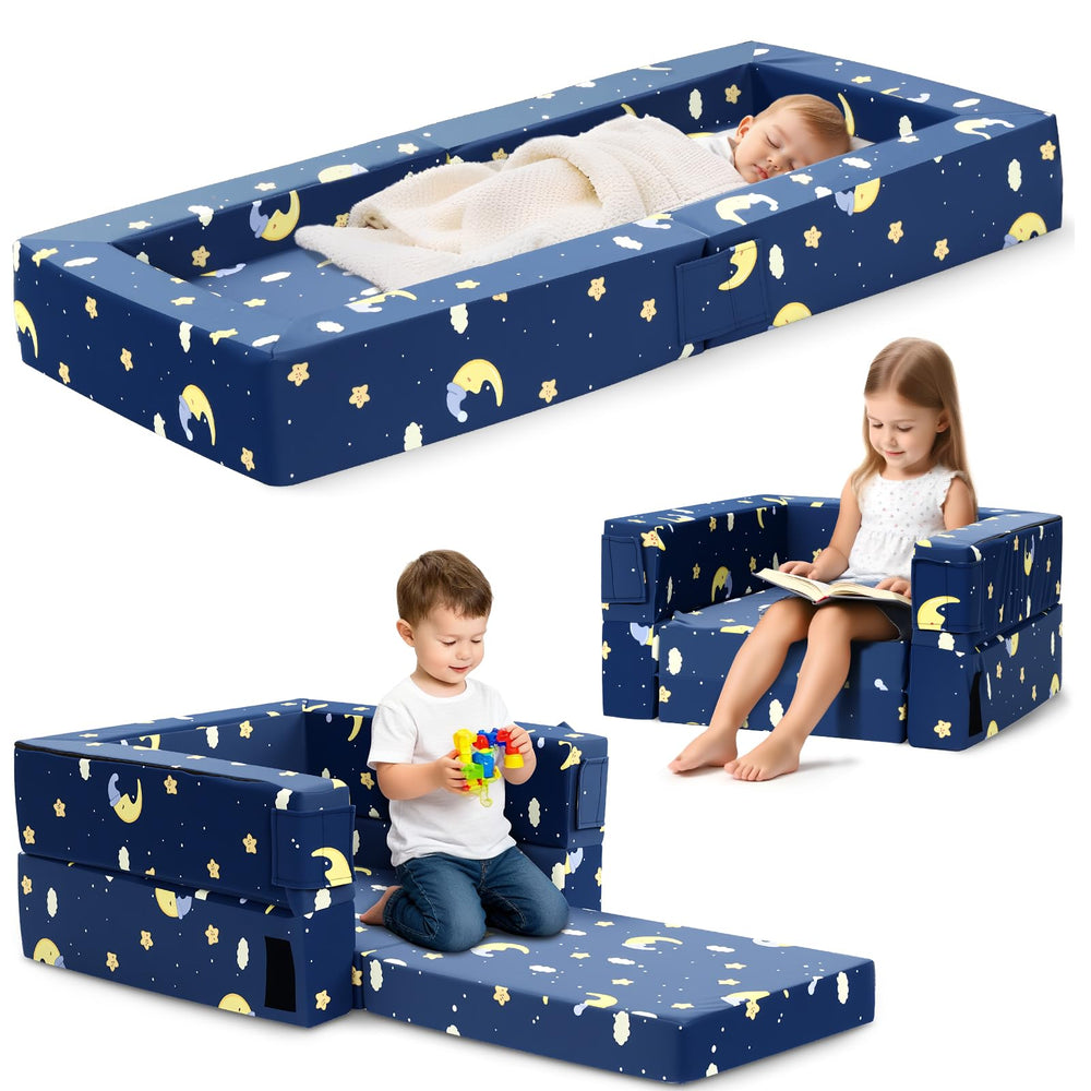 FRUITEAM toddler travel bed setup shows 3-in-1 versatility for home or travel use