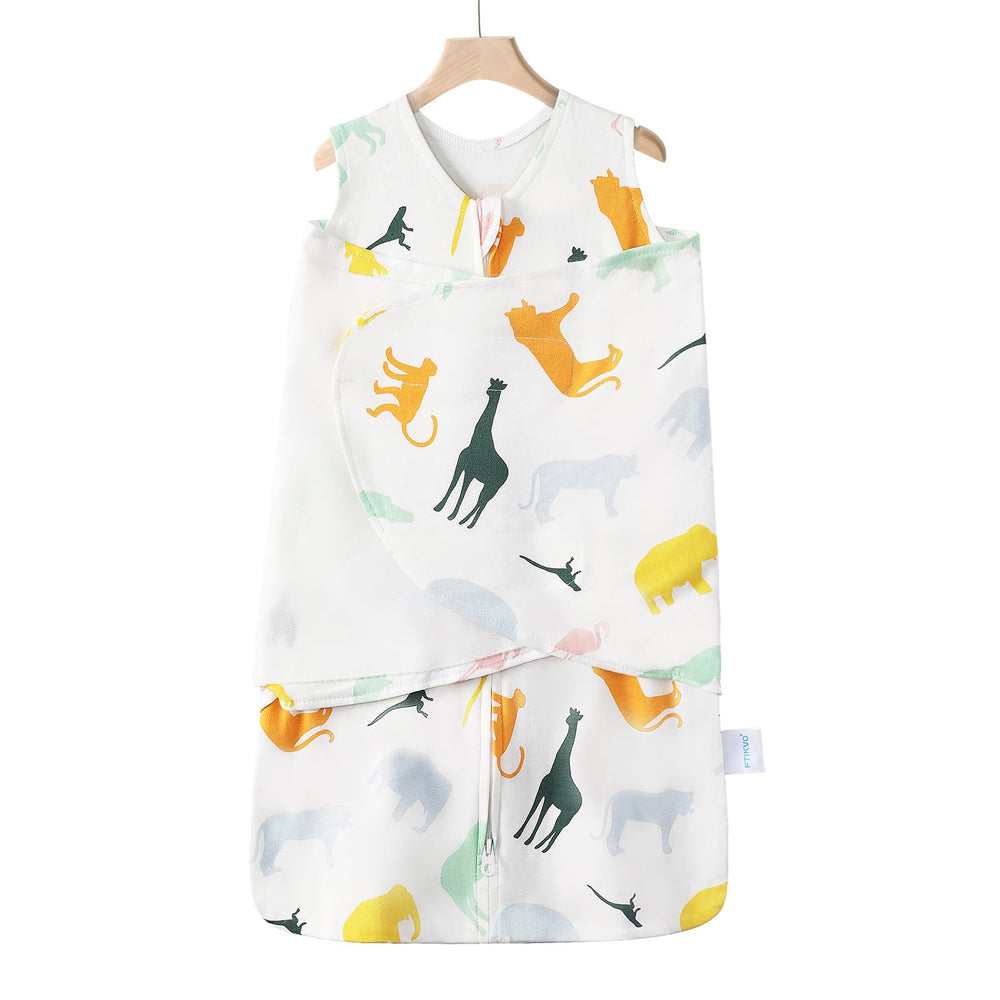 Ftikvo Colorful Zoo swaddle blanket close-up shows soft cotton fabric for gentle sleep.