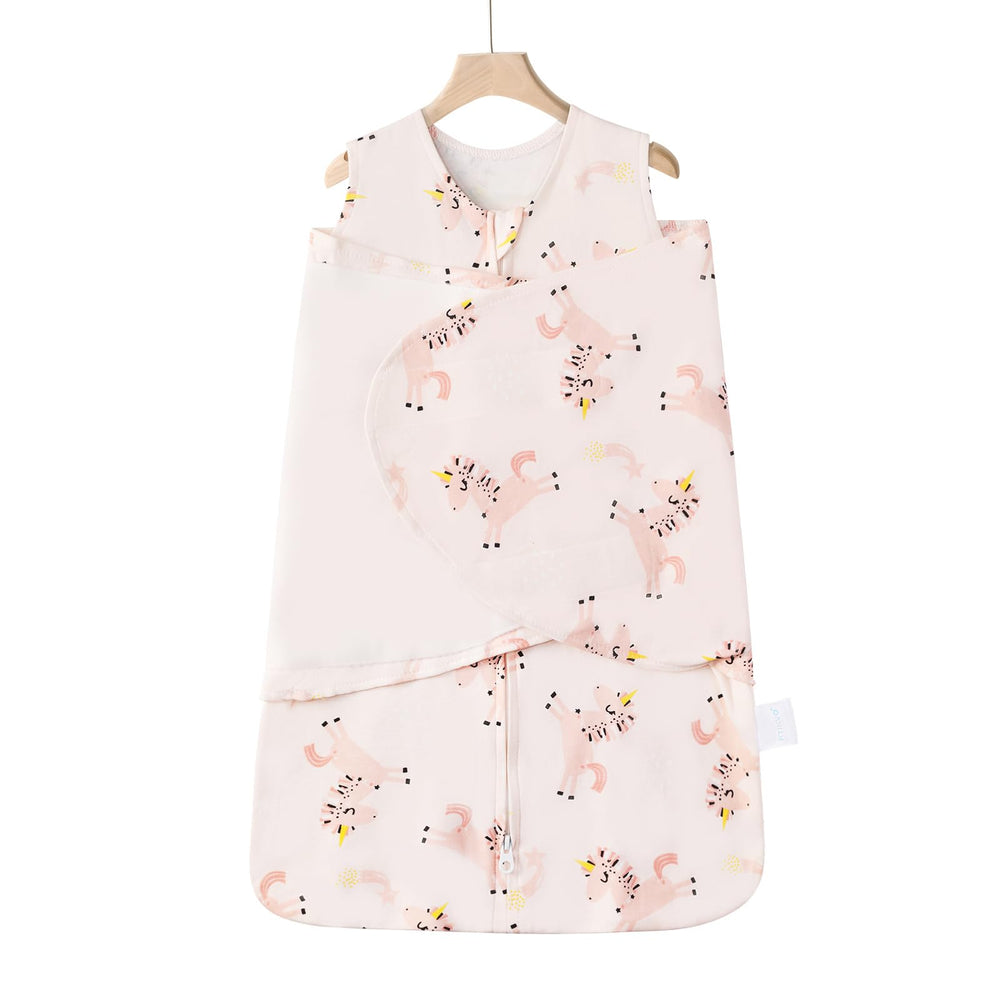 Ftikvo Happy Unicorn swaddle in 3-6 month size provides secure, womb-like sleep.