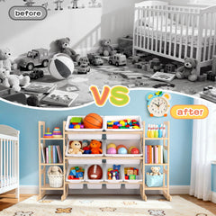 Fuilee natural wood playroom storage blends with decor while reducing clutter