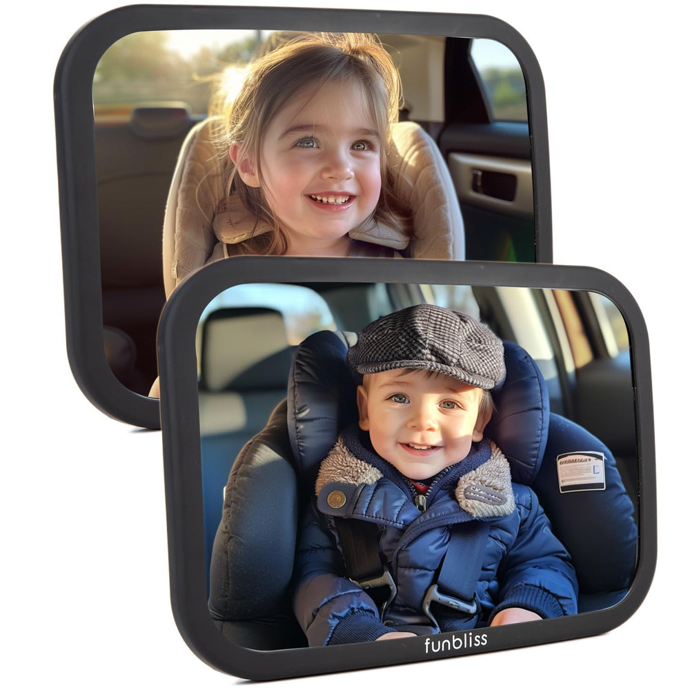 Funbliss dual-view baby car mirror offers a clear view of two rear-facing infants