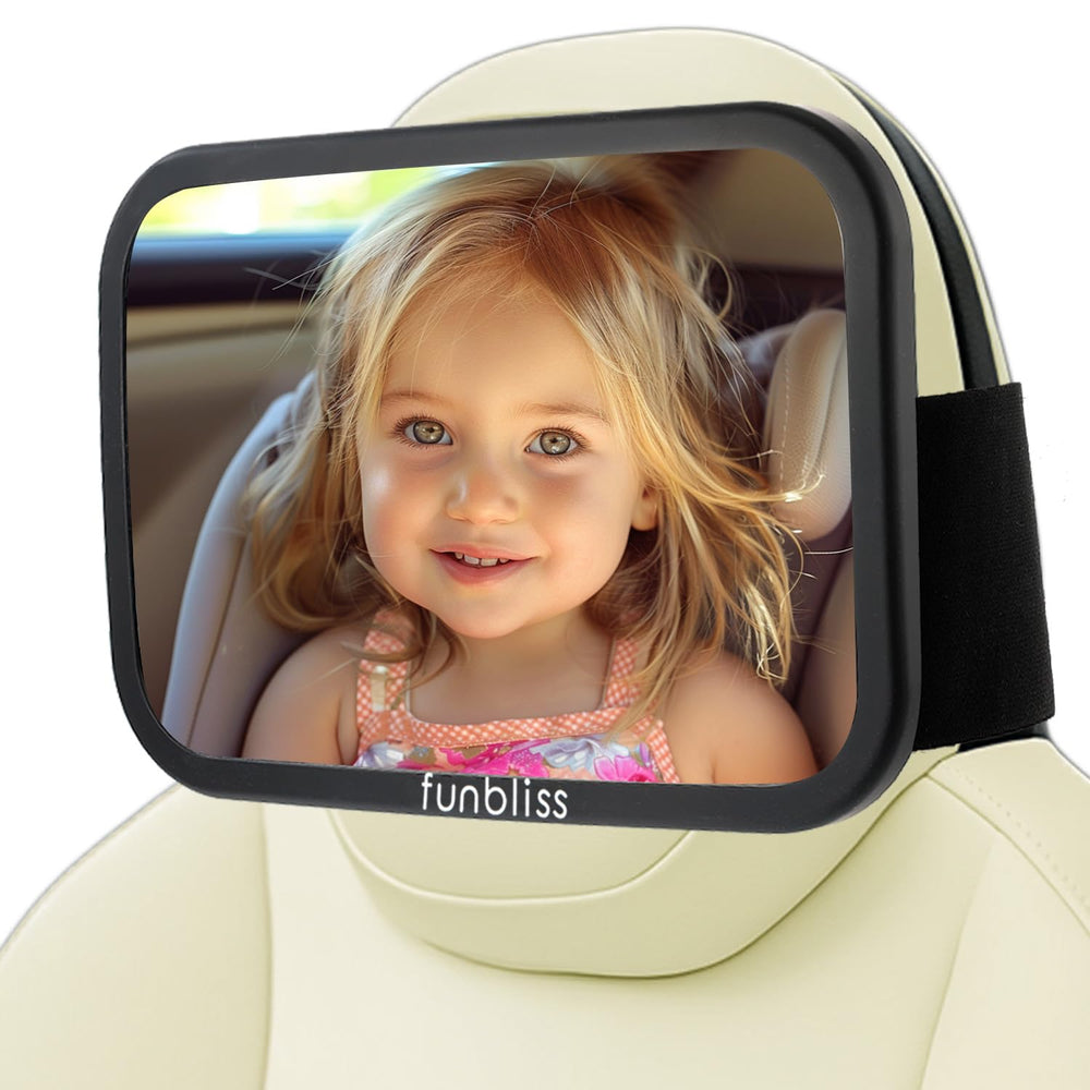 Funbliss fixed headrest baby car mirror provides a clear backseat view for supervision.