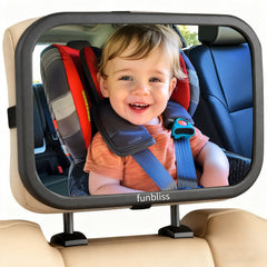 Funbliss baby car mirror with 360-degree rotation for flexible rear-facing viewing.