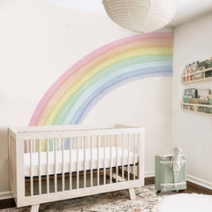 Funlife rainbow wall mural left half in pastel watercolor for girl's room, easy to install.