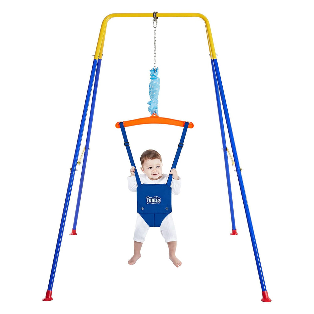 FUNLIO baby jumper with stand front view in blue; safe indoor play